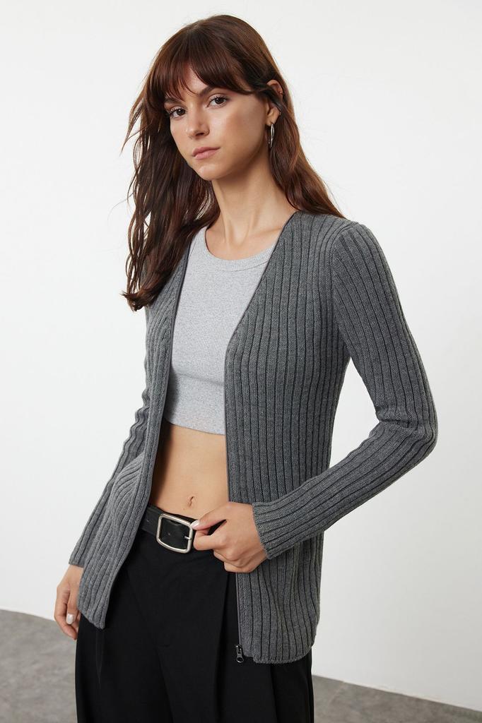 Женский модный стильный кардиган темно-синий базовый трикотаж в рубчик на молнии кардиган