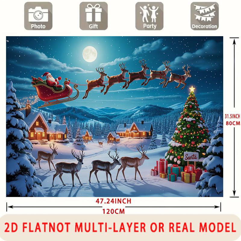 Party Backdrop Santa Claus Christmas Flat Santa Claus Sleigh Reindeer Snowy Village Photo Booth Decor Front Door Decor