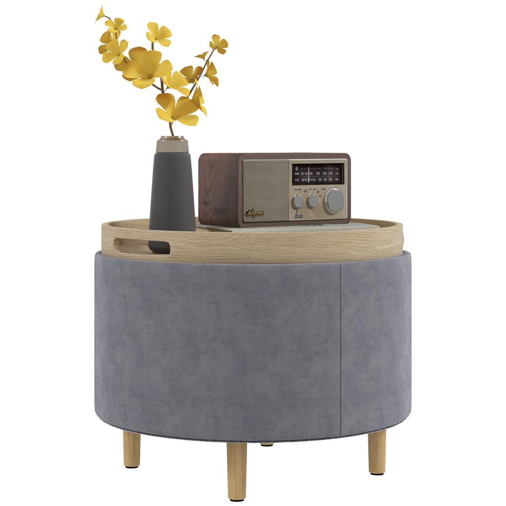 Sherpa Fabric Storage Pouffe up to 120 kg max with Flip Tray, in MDF and Beech, 56x56x42 cm, Grey