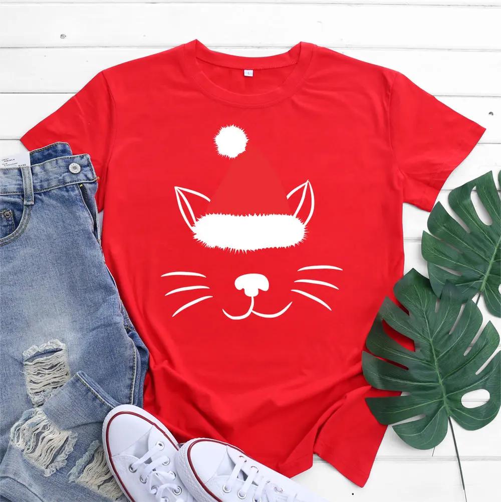Christmas Hat Cat Face Print T Shirt Women Short Sleeve O Neck Loose Tshirt Women Tee Shirt Tops Camisetas Mujer