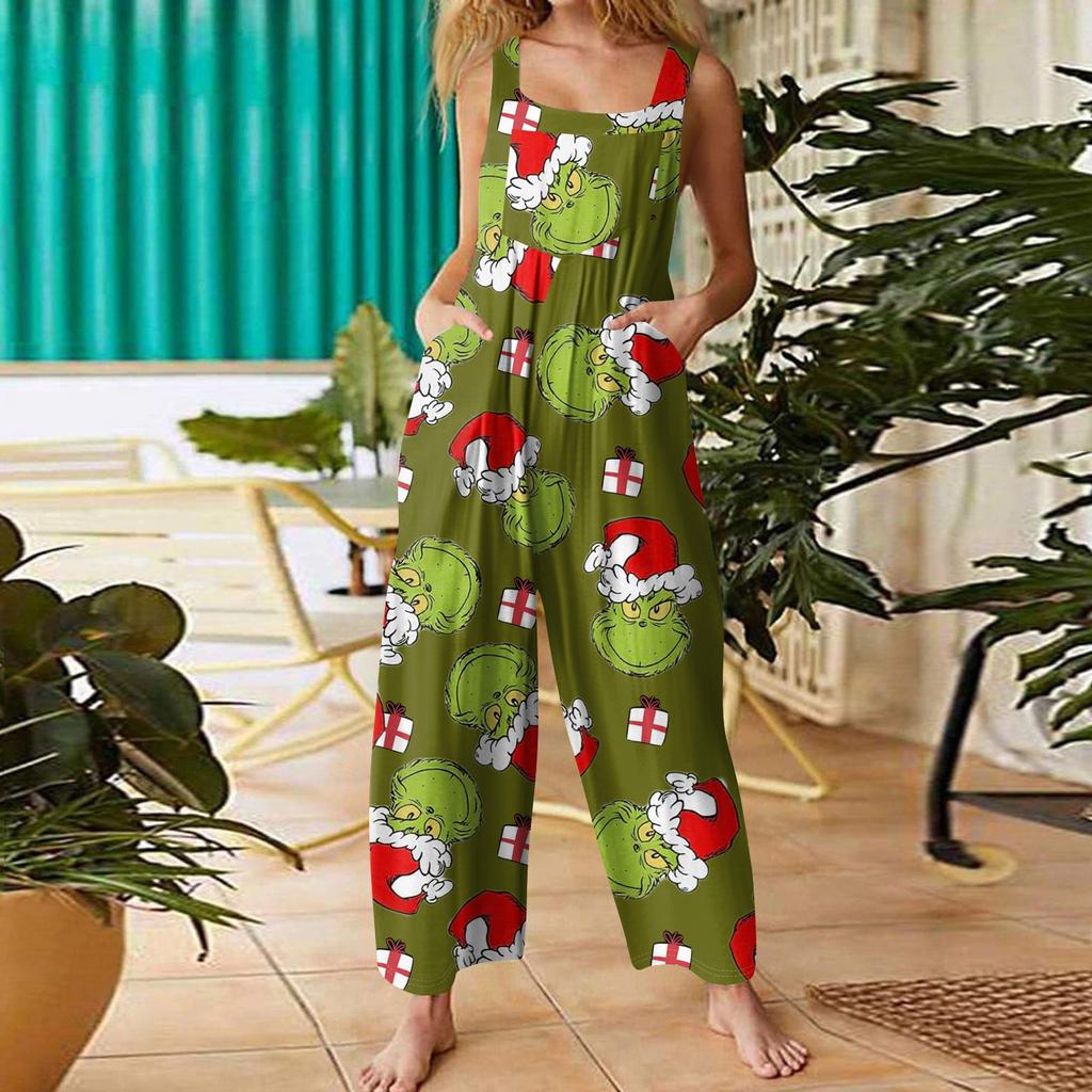Women's Casual Loose Jumpsuit Christmas Print Wide Leg Jumpsuit Sleeveless With Pockets