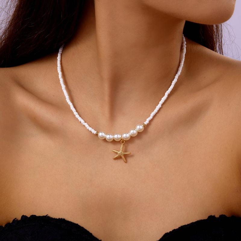 New Bohemian Beach Holiday Starfish Pendant Seed Bead Pearl Choker Necklace Ocean Style Women's Fashion Jewelry