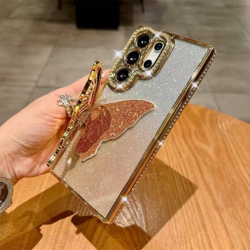Модный держатель-бабочка с блестками для Samsung Galaxy S25 Ultra S24 FE S23 S22 Plus Diamond Cover