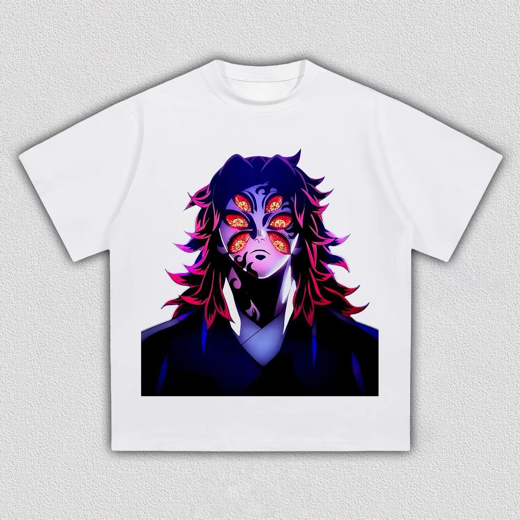 Unisex Black Vintage Demon Slayer Kokushibo Neon Print T-Shirt, Dark Aesthetic Anime Casual Streetwear T-shirt