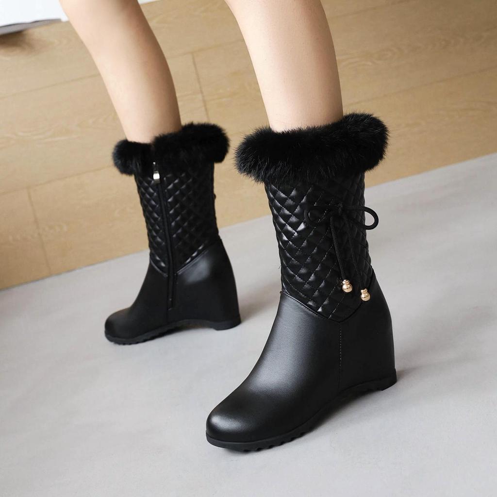 Winter White Real Hair Women 'S Snow Boots Fashion Warm Plush Boots Ladies Round Toe Zip Slope Heel Snow Boots Size 33 -43