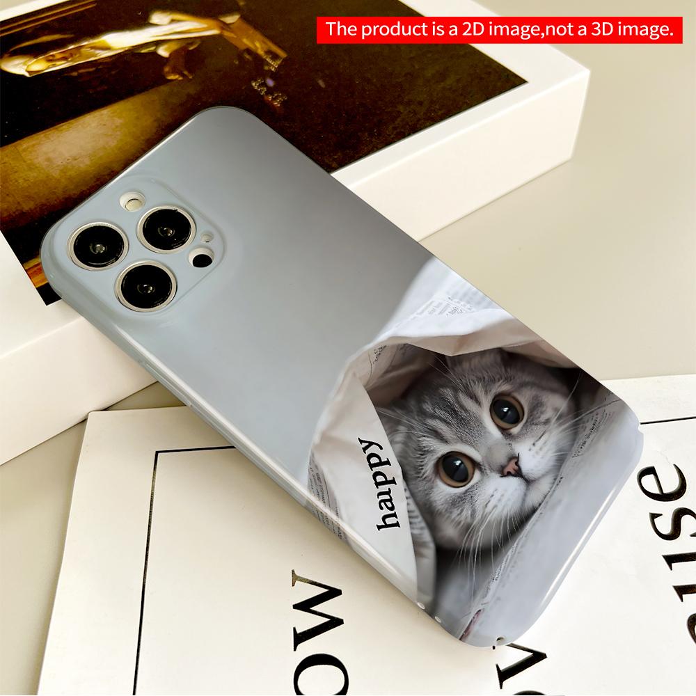 Cute Cat Under Newspaper with “Happy” Text All inclusive film hard phone case, compatible with iPhone 18 Pro Max 17 16 15 14 13 12 11