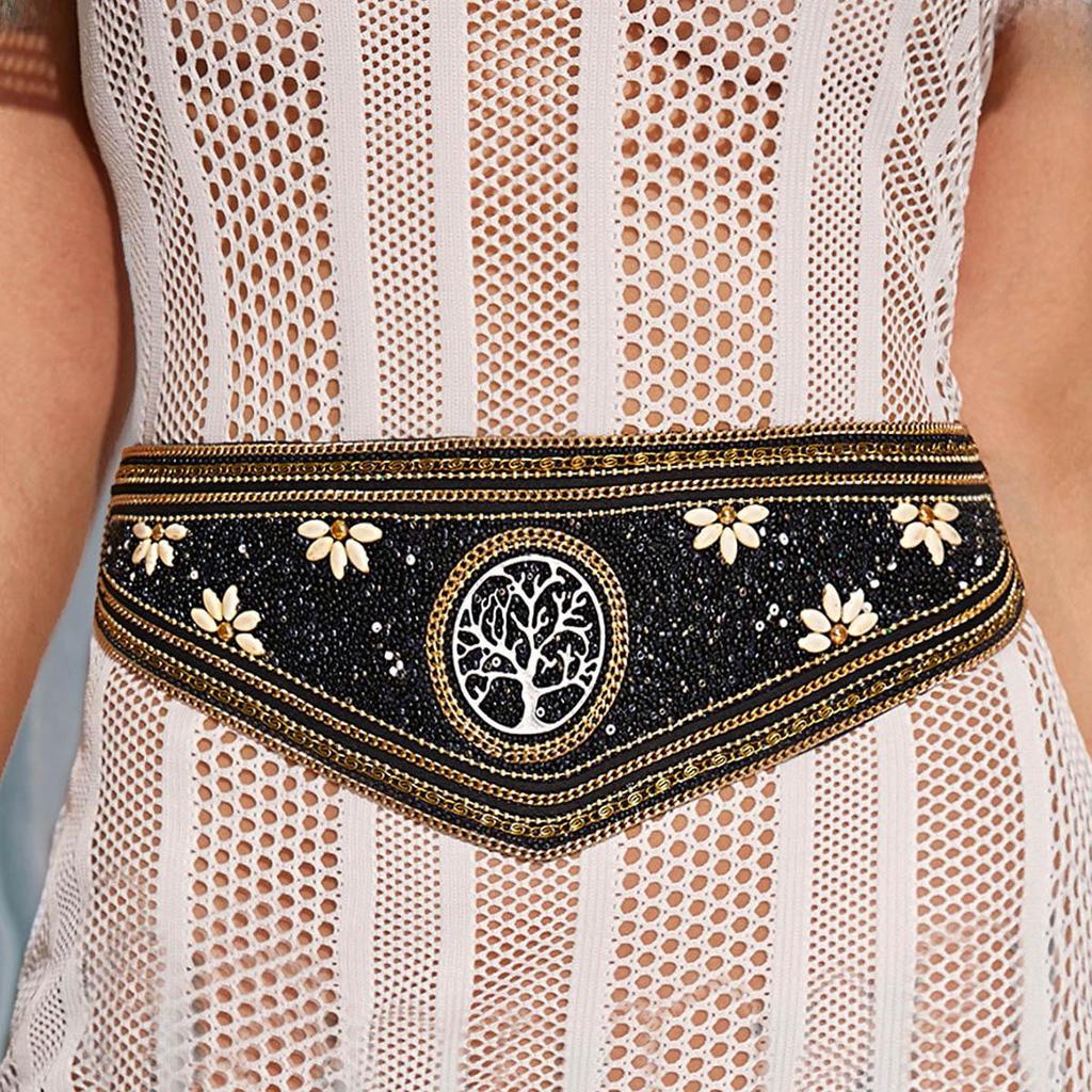 Эластичный пояс ручной работы в стиле бохо с отделкой из бисера и ракушками