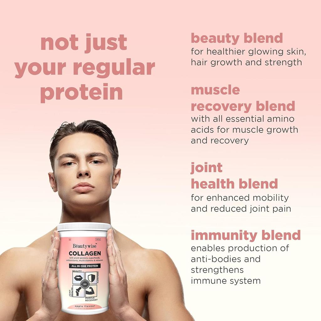 Beautywise All In One Collagen Proteins Powder For Beauty, Muscle Recovery, Joint Health And Immunity With Plant Proteins 200G(Apple Flavor Pack Of 1)