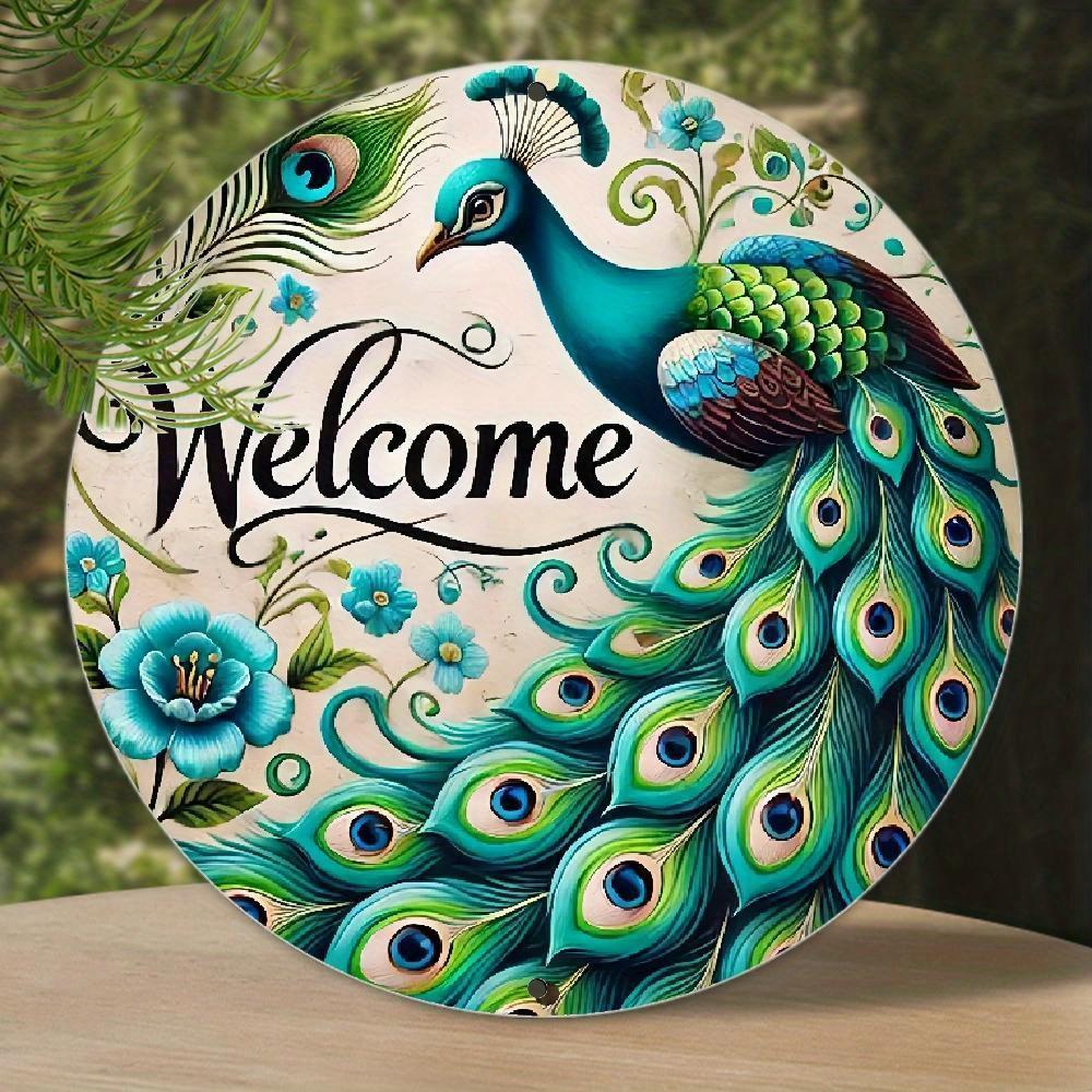 plaintextVintage Peacock Welcome Round Metal Sign D Flat Printed Teal Floral Peacock Tin Plaque Colorful Retro Wall Decor fo