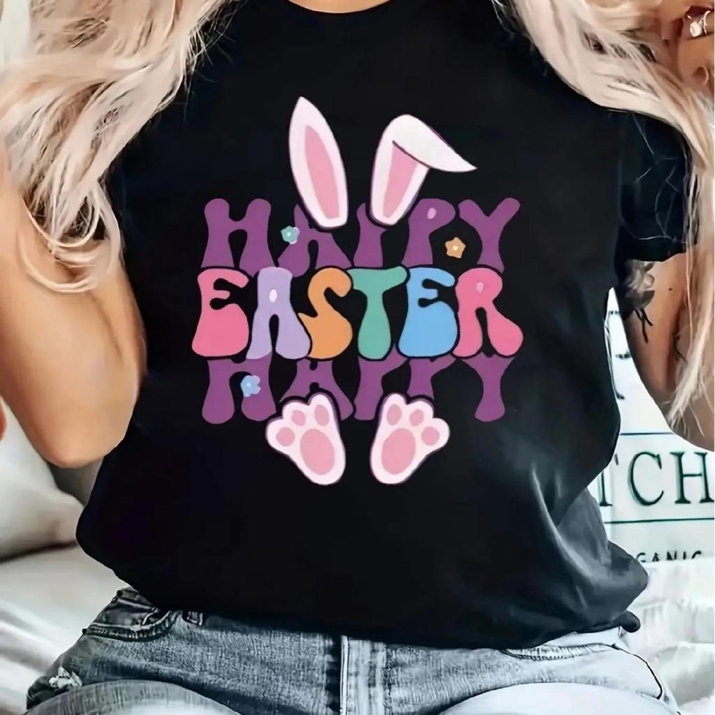 Women's Happy Easter Rabbit Print T-Shirt - Purple Crew Neck, Casual Short Sleeve, Graphic Tee for Spring & Summer, Leisure Styl