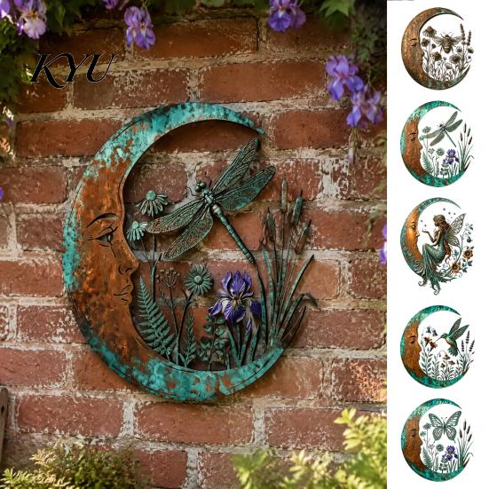 Indoor Outdoor Yard Ornaments Vintage Crescent Moon Wall Art, Fairy Witch Bee Dragonfly Iron Hanging Floral Metal Fence Accent Decor, Sculpture