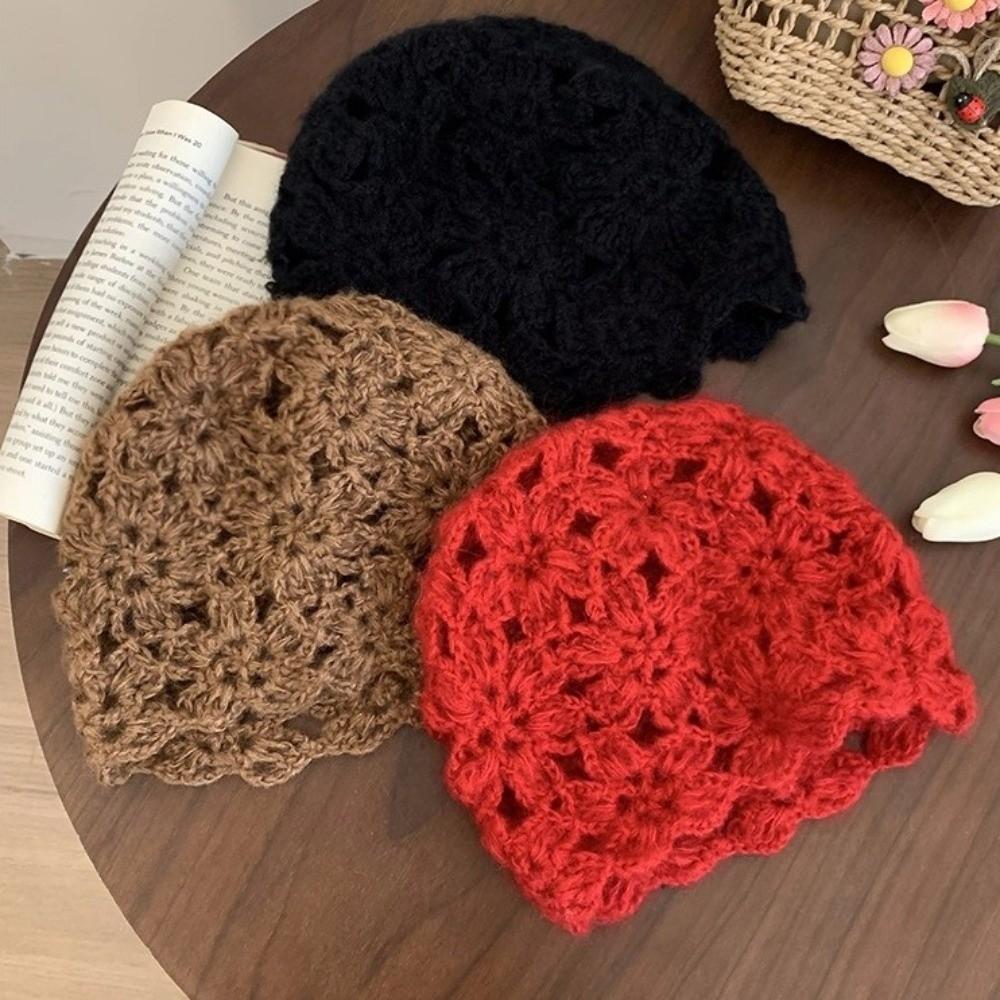 Handmade Crochet Flower Hat Solid Color Beanies Cap Casual Knitted Pullover Hat  Girls