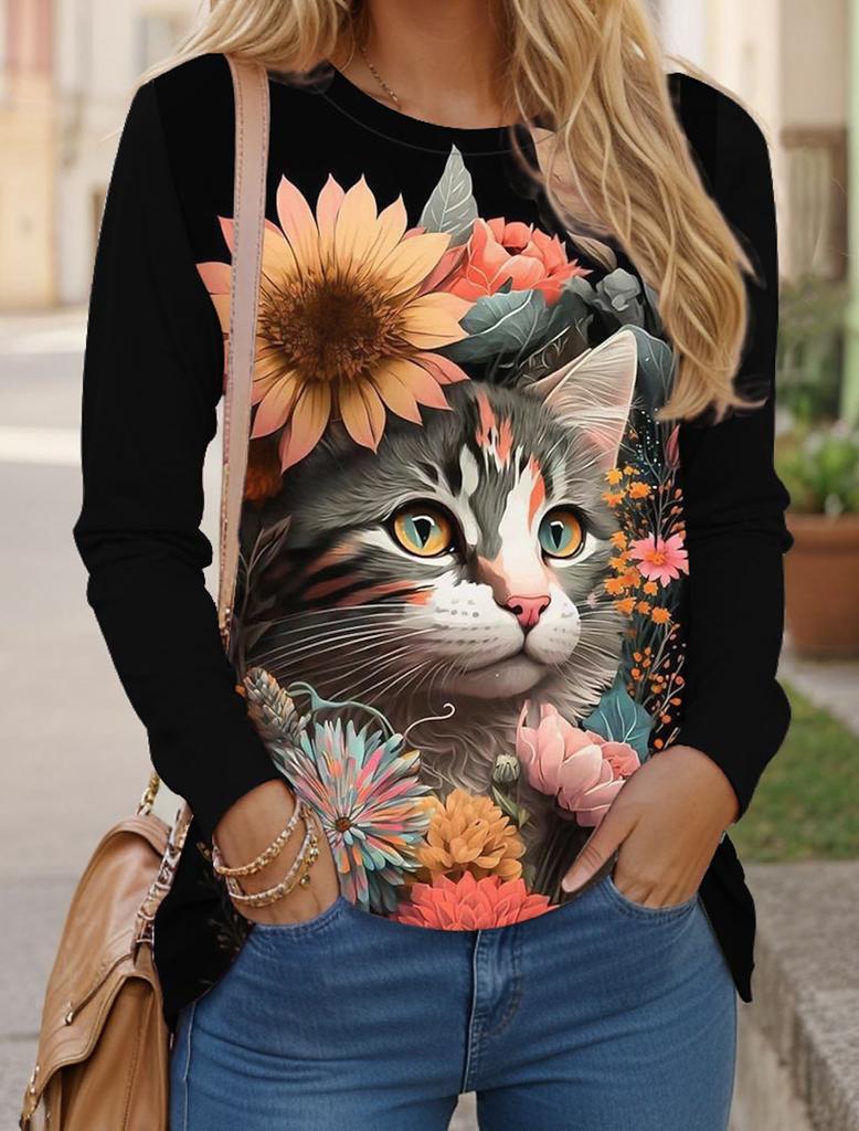 Women's T Shirts 3D Print Art Design Cat Pattern Long Sleeve Daily Weekend Fashion Funny Round Neck Regular Fit Spring & Fall