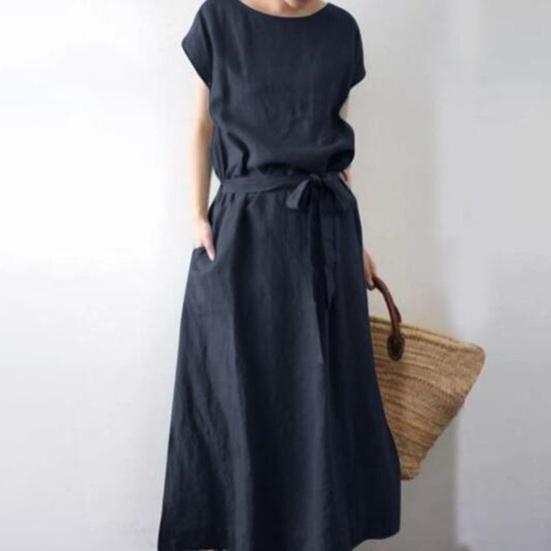 Женское платье макси из хлопка и льна в стиле бохо, летнее, с коротким рукавом, круглым вырезом, длинным платьем, поясом и карманами, повседневный пляжный сарафан