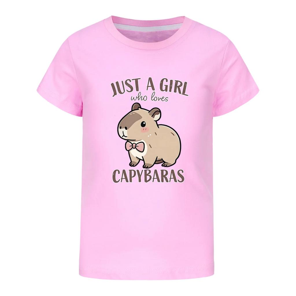 Kid Short Sleeve T Shirt Just A Girl Who Loves Capybara Cute Bow Tie Capybara Print O-Neck Tee Lovely Animal Graphic Girls Top