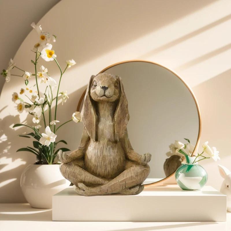 Yoga Gesture Rabbit Statue Meditating Zen Animal Sculpture Buddhism Bonsai Fountain Bunny Ornaments Parlor Garden Decoration