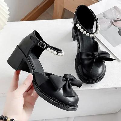 Мода 2024 года, новые туфли Мэри Джейн с бантом на толстой подошве с круглым носком, повседневные туфли на высоком каблуке, сладкие последние туфли в стиле Лолиты для активного отдыха, удобные, жемчужные