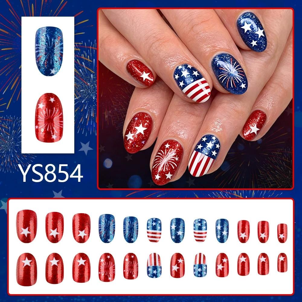 Съемные накладные ногти Короткая овальная форма Стиль Дня Независимости Звезда Фейерверк Блестки Накладные ногти Модное украшение для ногтей
