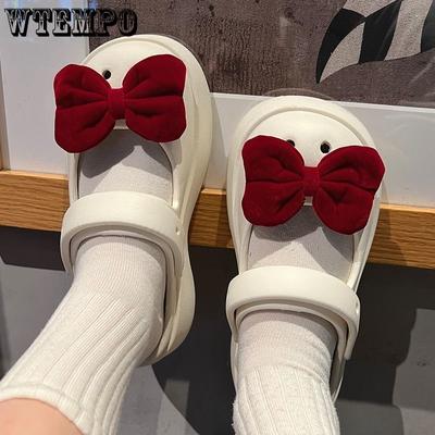 Туфли с отверстиями, женские дышащие толстые подошвы с бантом, милый стиль для девочек, мягкая подошва на плоском каблуке, удобные повседневные милые универсальные сандалии на высоком каблуке
