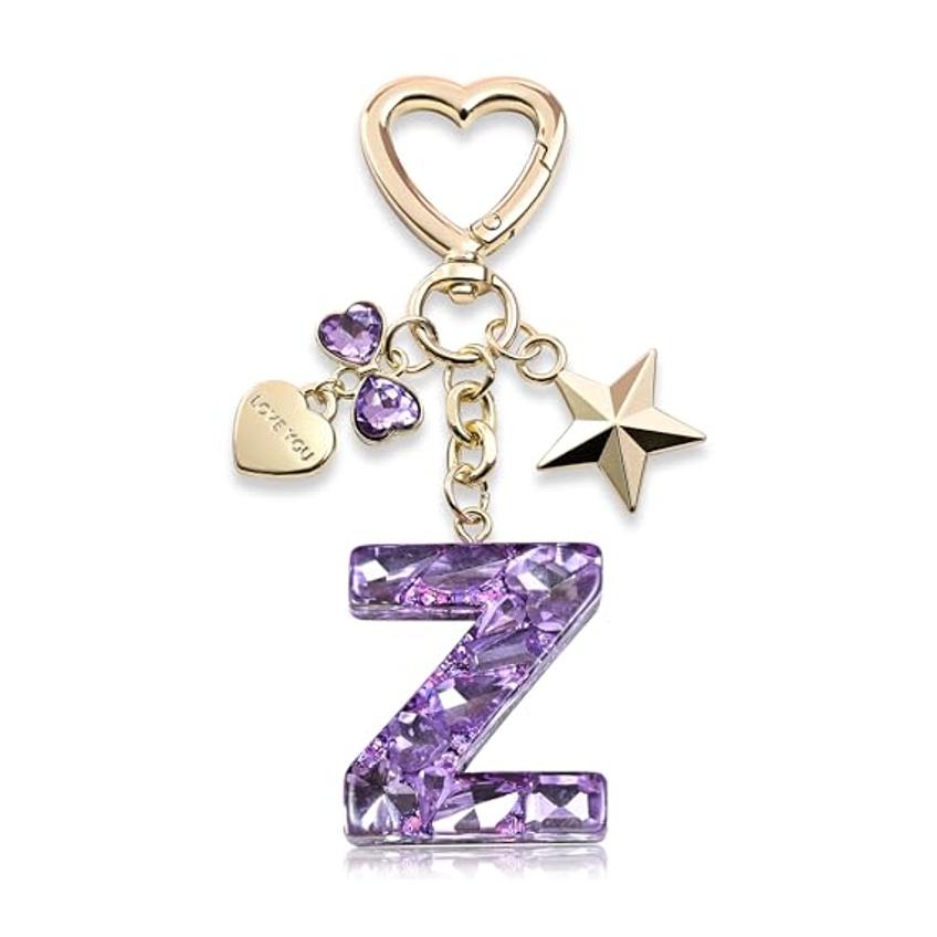 Bling Keychain with Initial Letter Butterfly Star Pink Purple - Cute Gift for Women And Girls Bag Cup Charms Fashion Accessory
