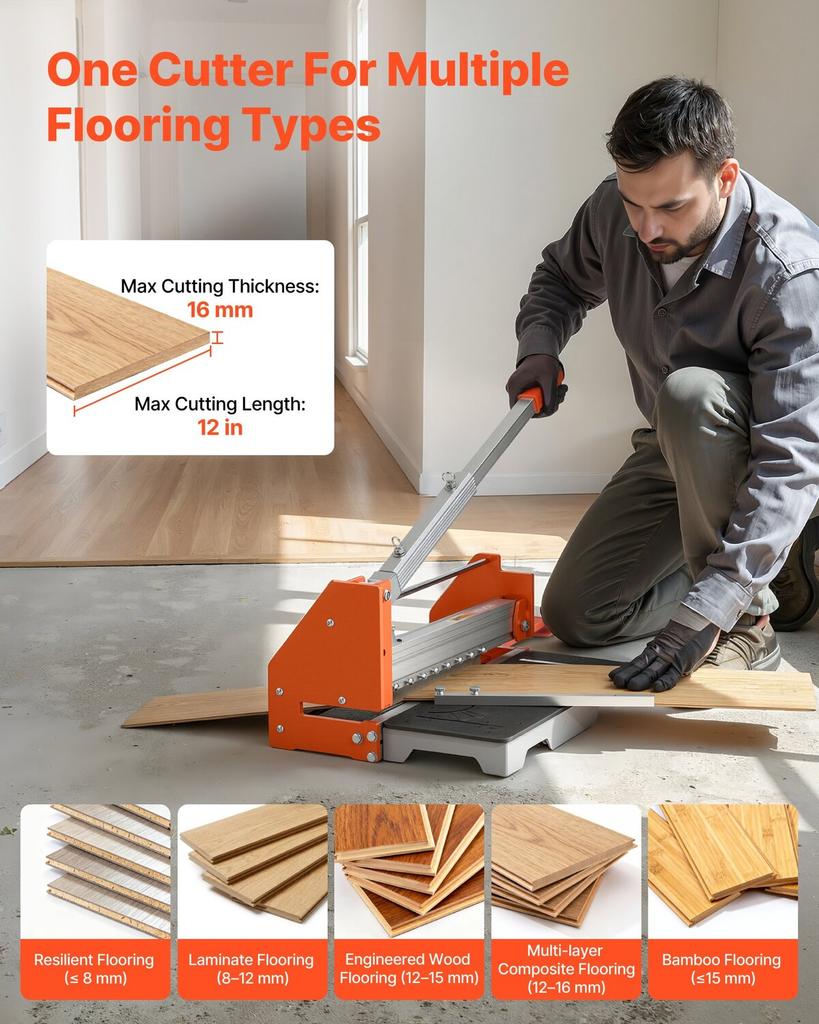 304.8mm Vinyl Floor Cutter, 16mm Thick Laminate Flooring Cutter with Upgraded Labor-Saving Aluminum-Alloy Lever, Telescoping Support Plate, Cuts