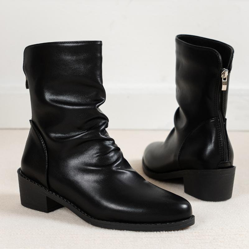 Европейские и американские плиссированные ботильоны 2024 Осень Новинка Однотонные Задняя молния Короткое голенище Женские ботинки Большой размер Платформа