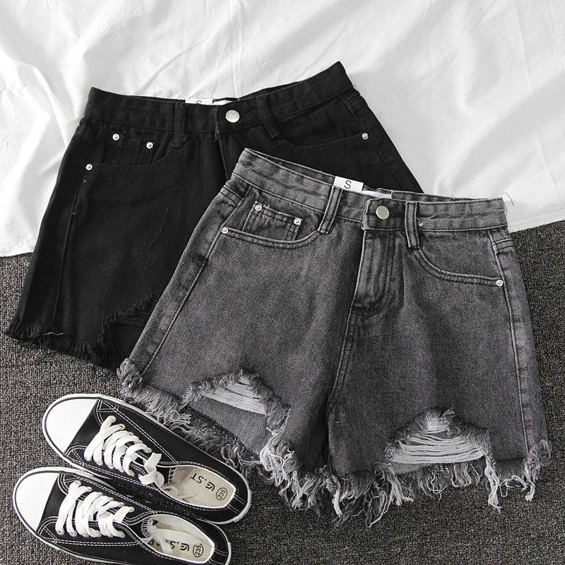 Denim High Waist Shorts With Ripped Fringe For Urban Style And Casual Summer Wear