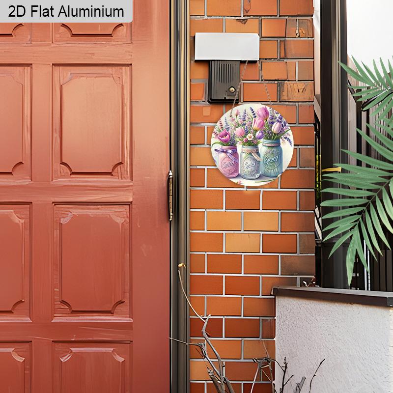 2D Flat 1pc Spring Pastoral Vase Aluminum Sign Round Decorative Hanging Ornament, Home Kitchen Garden Balcony Fence Decor, Gardening Studio Decor