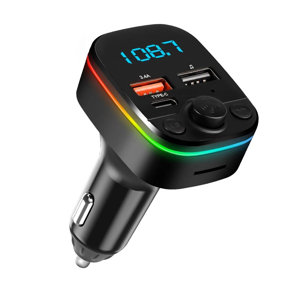 Автомобильный FM-передатчик Bluetooth 5.0 Handsfree с Type-C Dual USB 3.4A Быстрое зарядное устройство Окружающий свет Прикуриватель FM-модулятор