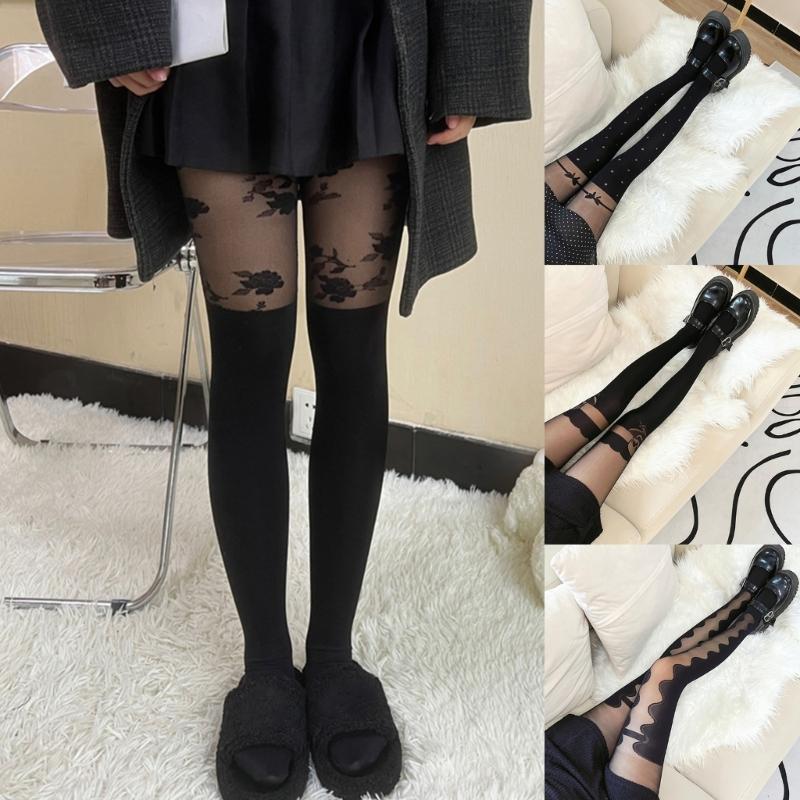 Women Jacquard Pattern Patchwork Mock Suspender Tights Sexy Faux Thigh High Socks JK Girls Black Pantyhose Stockings
