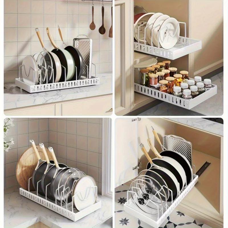 Гениальный выдвижной органайзер для шкафа! 8 регулируемых разделителей для крышек, подносов и кухонной утвари - Максимизируйте пространство выдвижного шкафа.