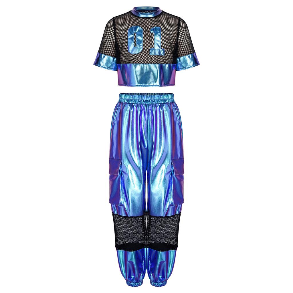 Kids Girls Hip Hop Jazz Dance Set Short Sleeve Number Graphic Hollow Out Mesh Crop Top with Shiny Cargo Pants for Stage Performance Competition