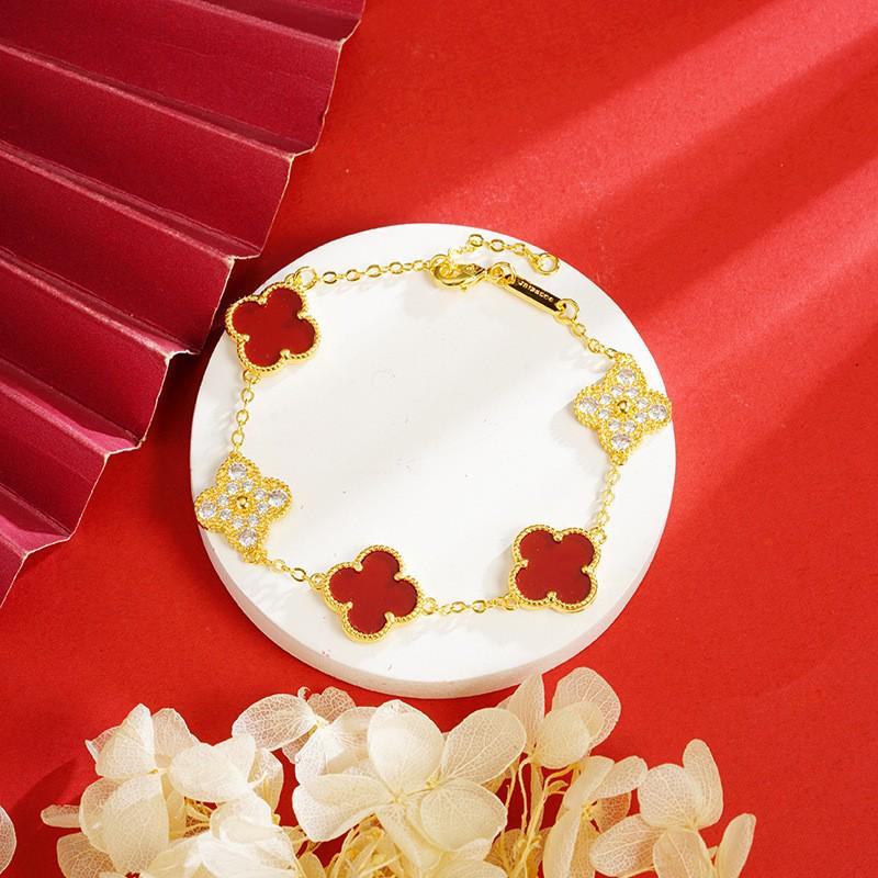 Вьетнамский набор из ожерелья-клевера с золотым покрытием, кольца и браслета с пятью цветами