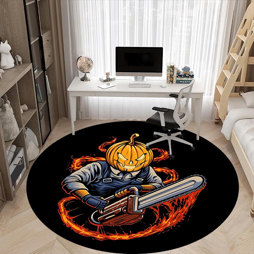 1pc PumpkinChainsaw, HalloweenArt Office Round Area Rug, Under Office Chairs Bedroom Living Room Home Decor, Room Deco, Available in Various Sizes