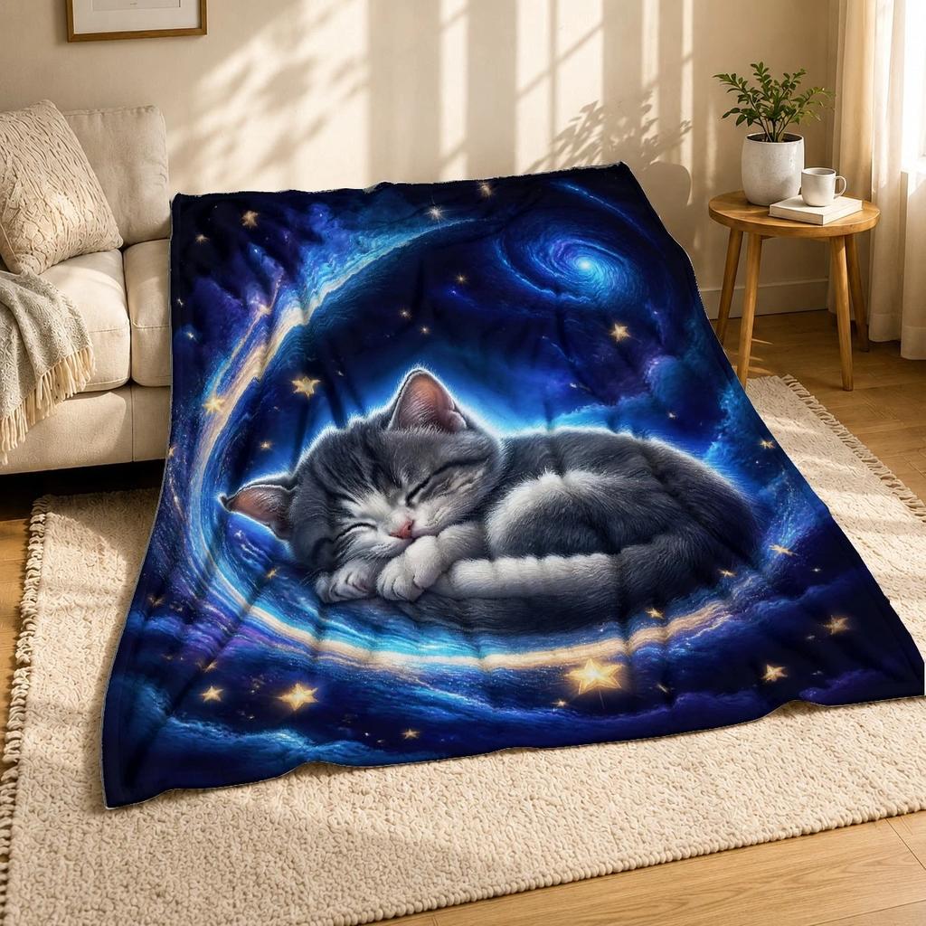 Sleeping Kitten in Starry Sky Coral Fleece Blanket