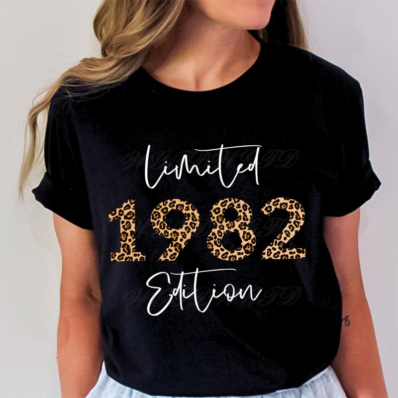 Woman Tshirts Leopard 1982 Limited Edition Graphic Tee Women Birthday Gift Top Crew Neck 1980 To 1989 Leopard Vintage T Shirts