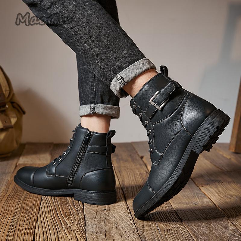 Fashion Autumn Winter British Style Men's High-Top Boots Anti Slip Retro Lace Up Round Toe Leather Boots Side Zip Botas Para Hombre40-45