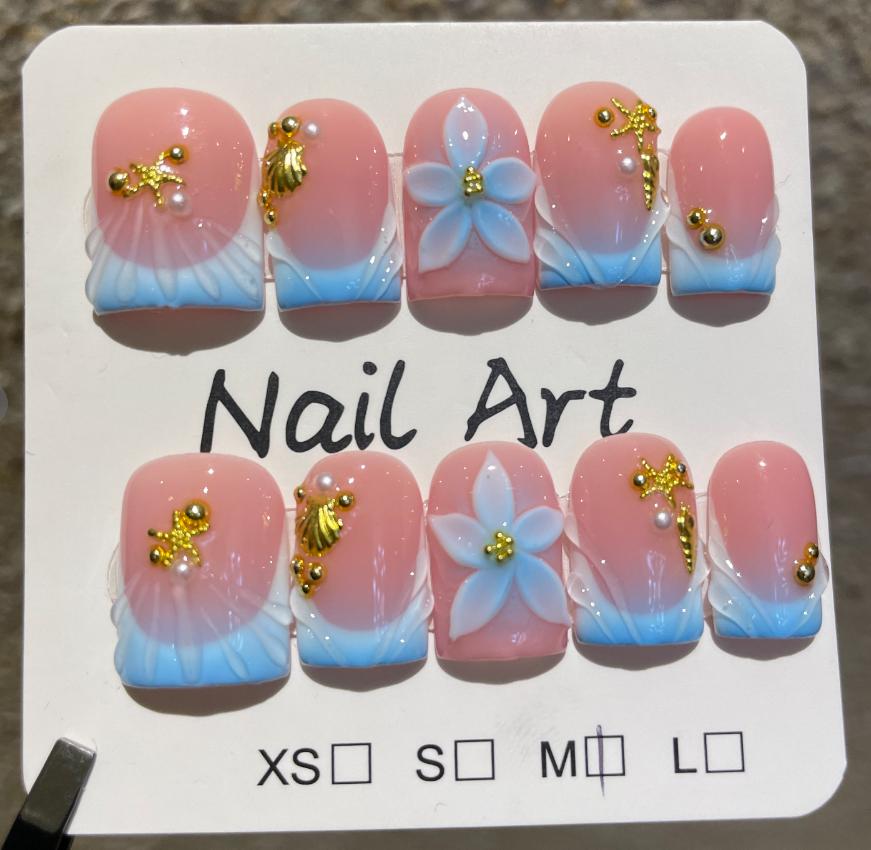 10Pcs Short Pink Lovely Summer Nails Art French White Flowers Pearls Designs Press on Nails Handmade Ballet Square Nail Tips Set