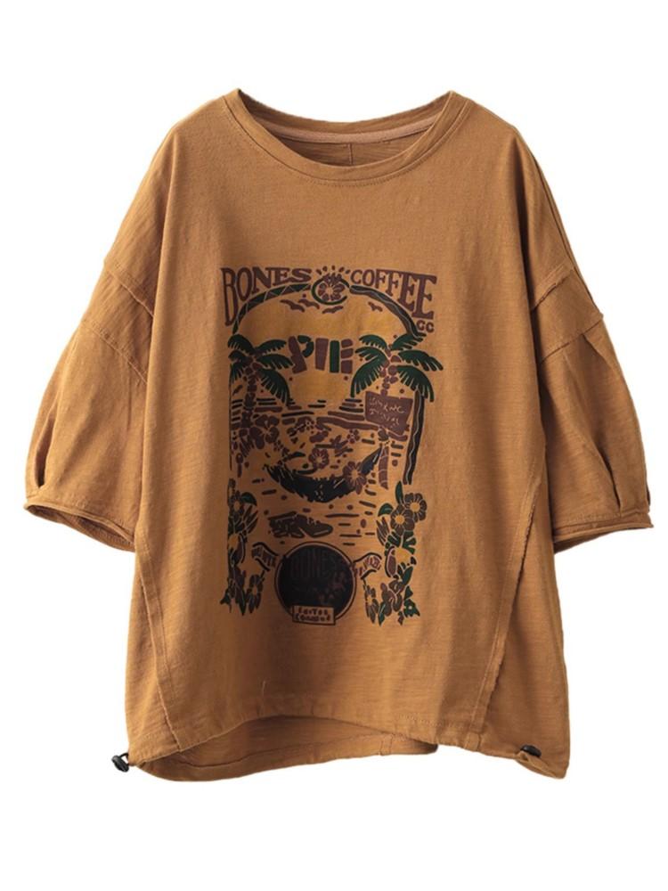 Johnature Women Vintage Print Floral T-Shirts O-Neck Short Sleeve Tees Summer Cotton Loose Women Casual Soft T-Shirts