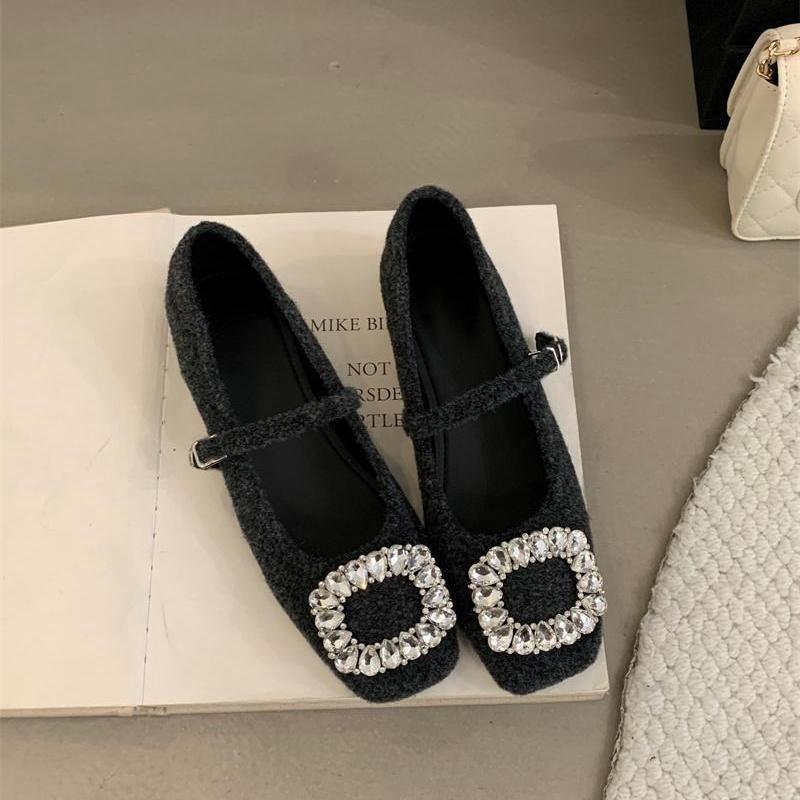French Retro Square Head Shallow Mouth Single Shoes Spring New Rhinestone Evening Breeze Temperament Fairy Thick Heel Mary Jane Shoes