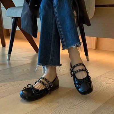 Вариант из овчины! Французские туфли Мэри Джейн, японские туфли-балетки с плоской подошвой и круглым носком, женские туфли с бантом, маленькие черные кожаные туфли