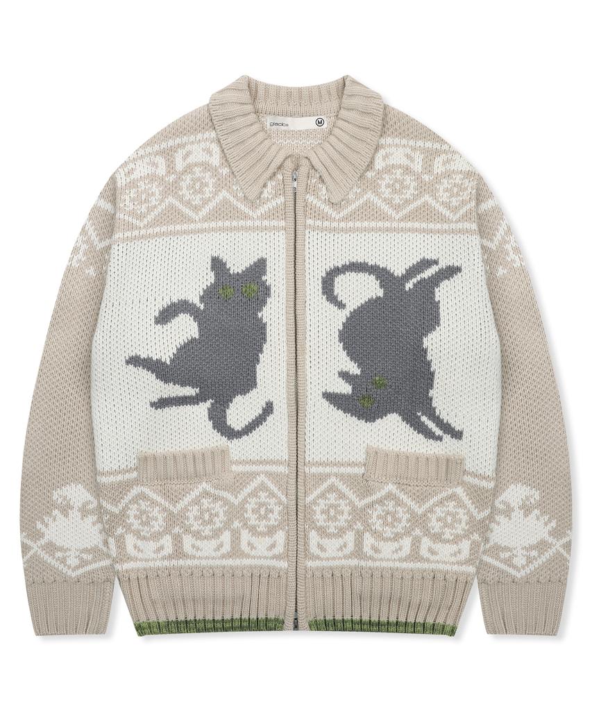 GLACK Gznt003 Ato Cat Cowichan Knit Zip-Up (Beige)