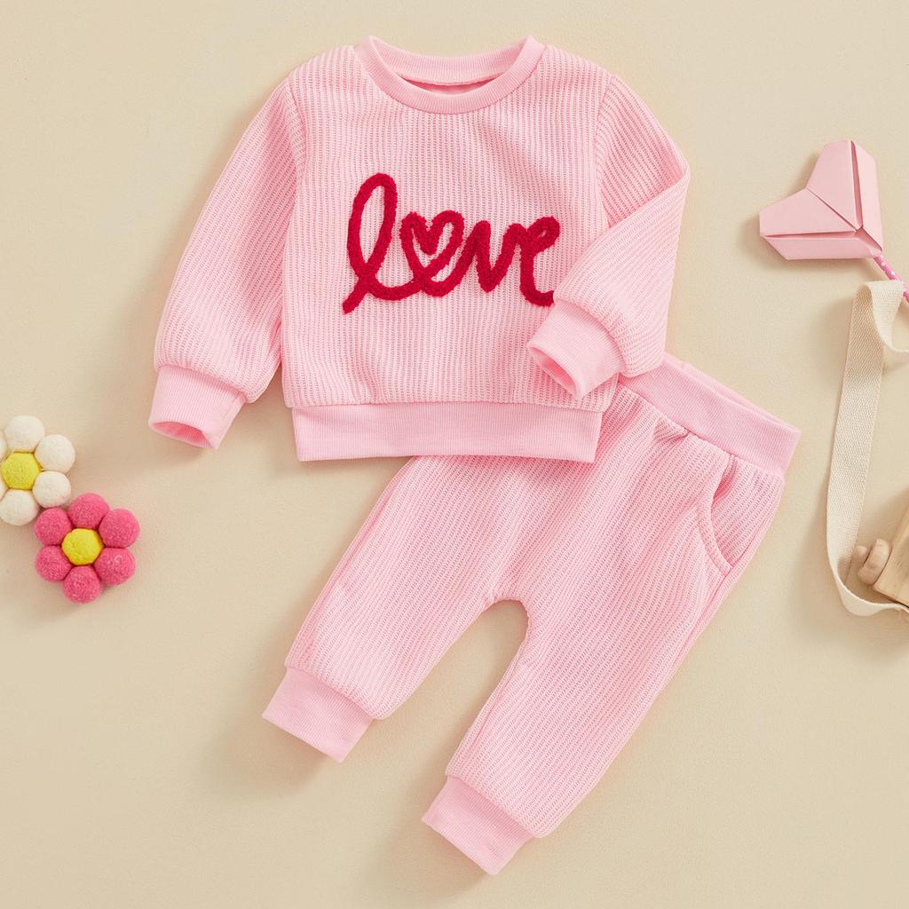 Baby Girl 2Pcs Valentine 's Day Outfits 3M 6M 9M 12M 18M 24M Long Sleeve Letter Embroidery Sweatshirt + Pants Set Toddler Clothes