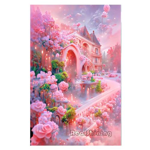 Diamond Painting Romantic Pink Flower House Castle Scenery Diamond Mosaic Embroidery Rhinestone DIY Princess Bedroom Decor S403