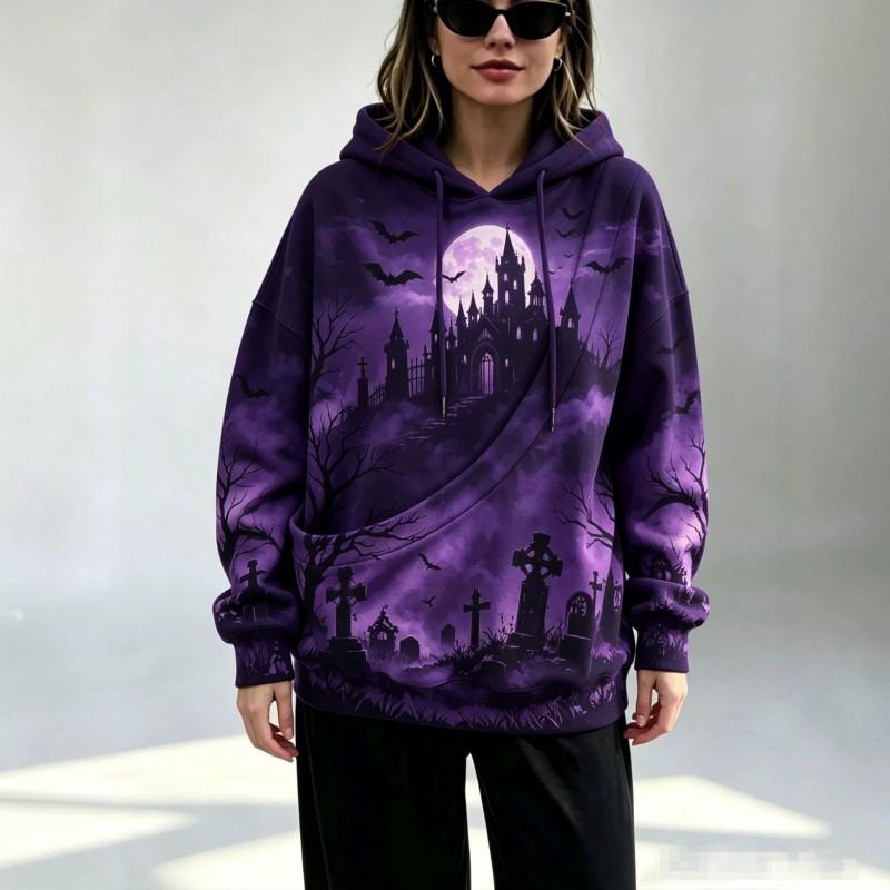 Womens Oversized Hooded Sweatshirt With 3D Neon Print Slanted Pocket Loose Fit Halloween Daily Wear