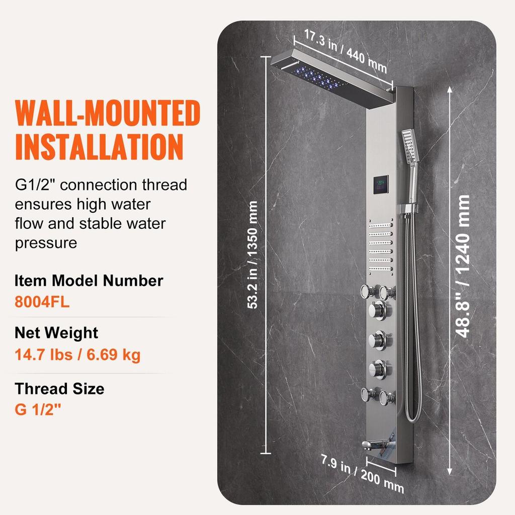 Shower Panel Tower System 6 Modes Hydroelectricity LED Stainless Steel