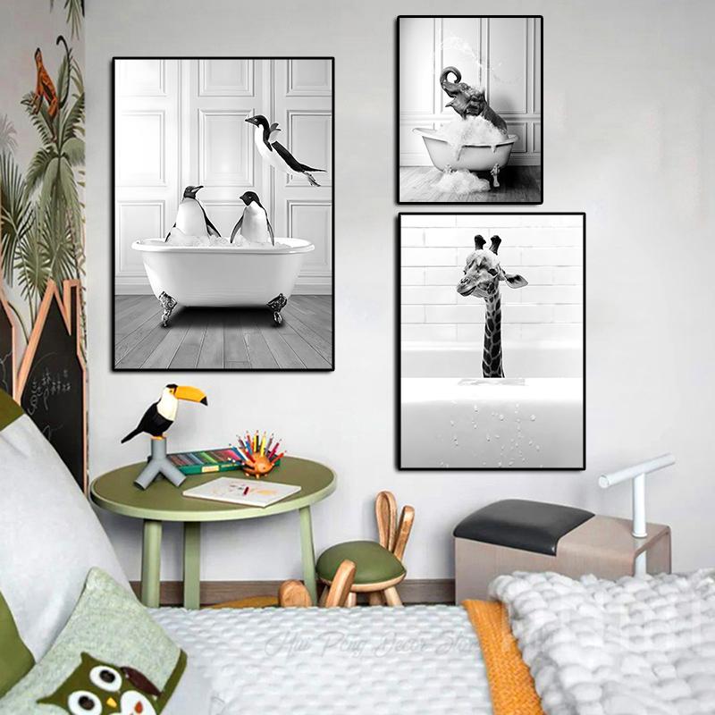 Забавный постер с животными и принты, художественная картина для ванной комнаты, холст, картина, жираф, слоненок, ванна, настенные художественные фотографии для декора детской комнаты