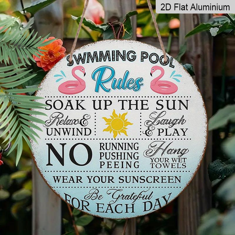 2D Flat, 1pc 7.87x7.87 Inch Round French Aluminum Sign, Vintage Decorative Plaque for "Pool Rules", "Pool Reminder" Decorative Sign, Suitable for