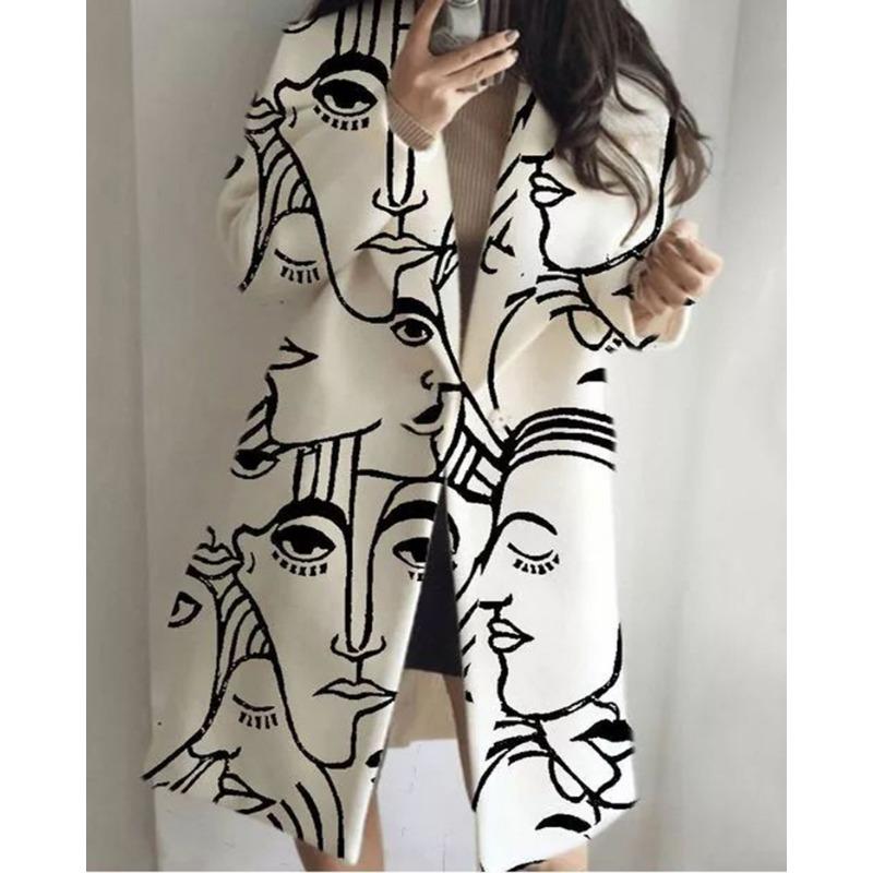 Шерстяное пальто женское длинное пальто с лацканами большого размера свободное с длинными рукавами с принтом ветровка утолщенная теплая повседневная дорожная на осень и зиму