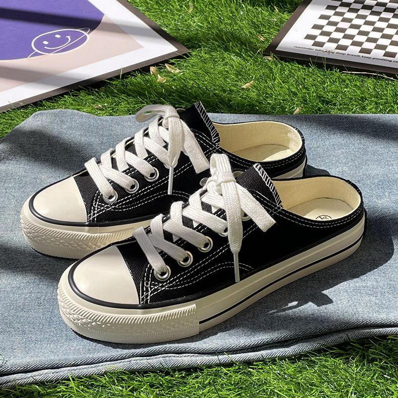 Летние тонкие белые туфли, универсальные базовые полутапочки с закрытым носком, женская верхняя одежда, дышащая, без каблука, ленивая парусиновая обувь